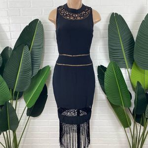 Nicole Miller 100% silk black tassel midi dress